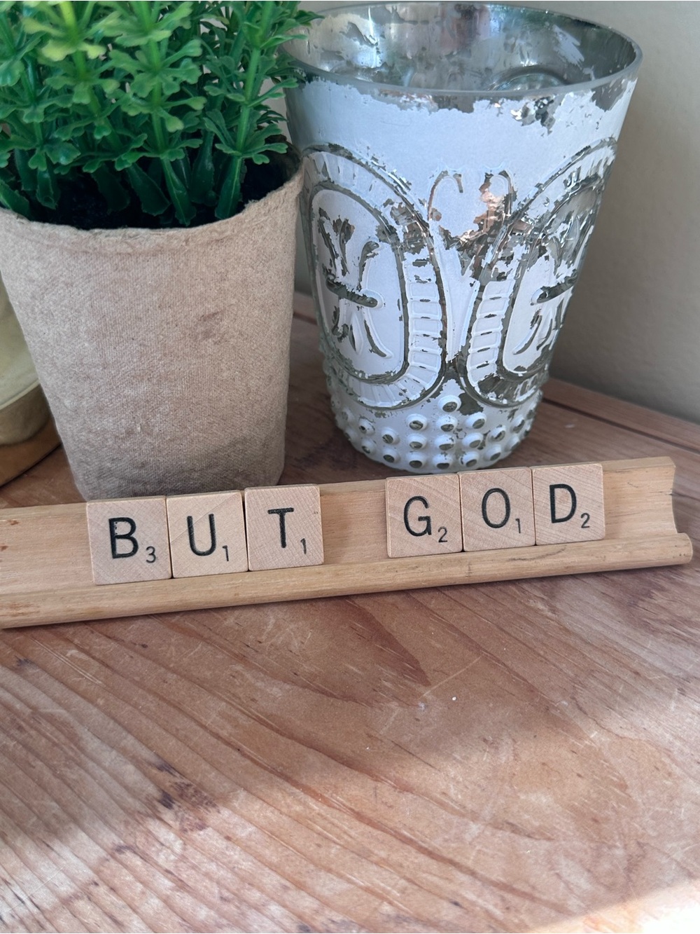 Wooden Scrabble Tile Decor Spelling 'BUT, GOD'